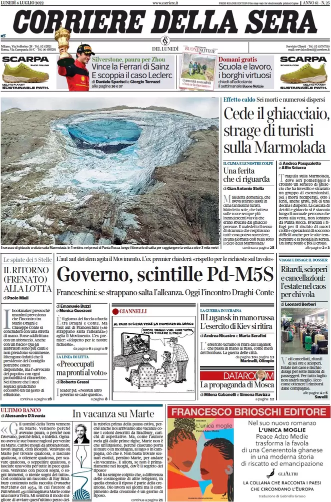 Prime pagine giornali 4 luglio 2022: tragedia in Marmolada, morti e dispersi Prime pagine giornali 4 luglio 2022: tragedia in Marmolada, morti e dispersi