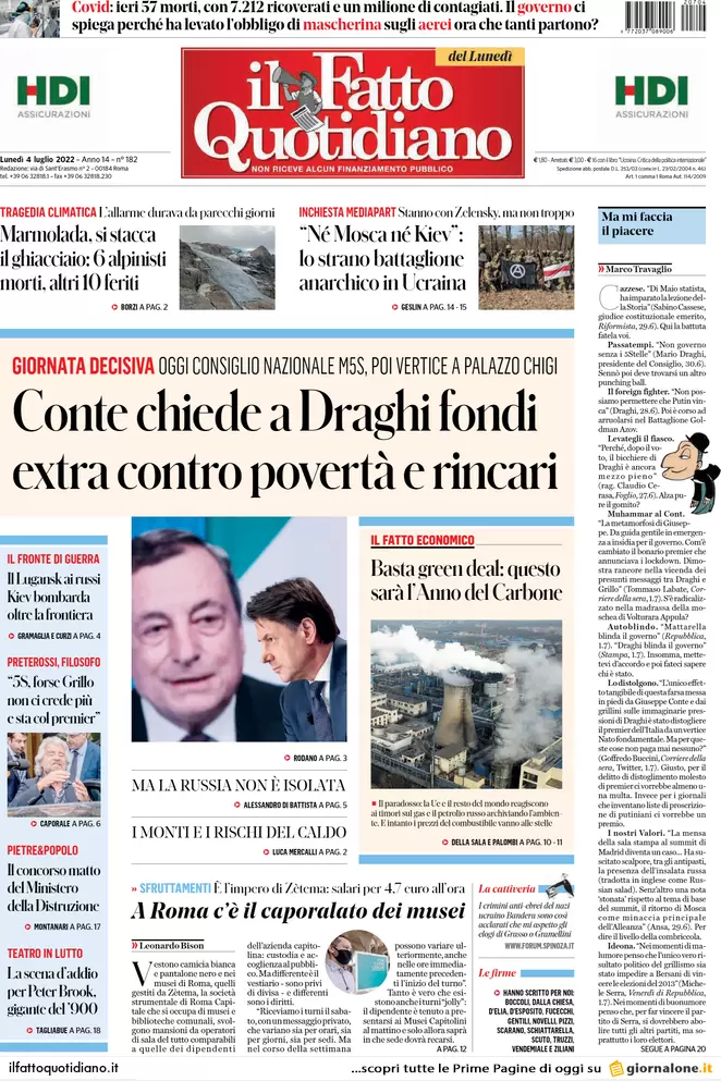 Prime pagine giornali 4 luglio 2022: tragedia in Marmolada, morti e dispersi