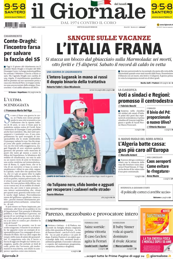 Prime pagine giornali 4 luglio 2022: tragedia in Marmolada, morti e dispersi
