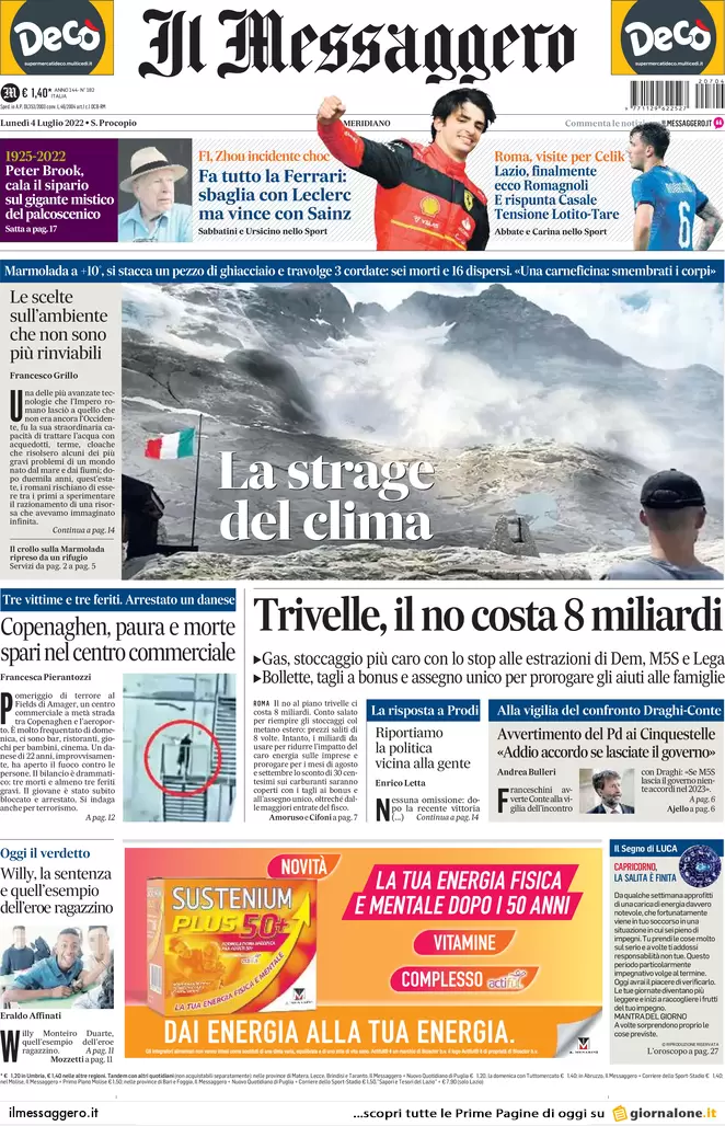 Prime pagine giornali 4 luglio 2022: tragedia in Marmolada, morti e dispersi