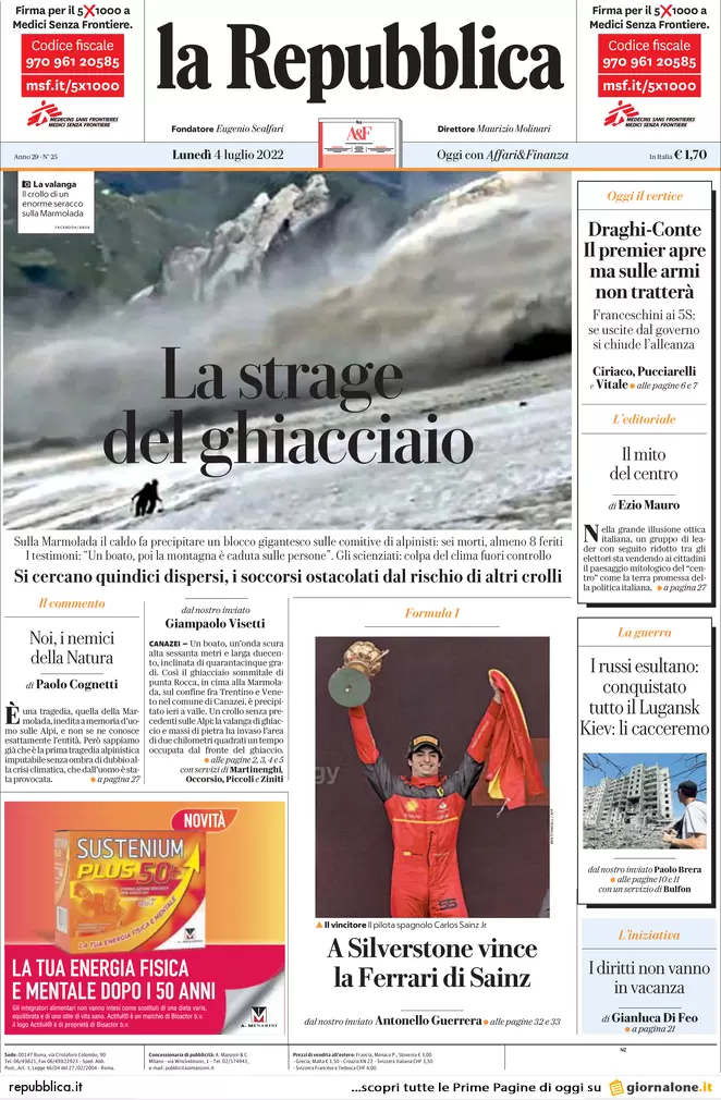 Prime pagine giornali 4 luglio 2022: tragedia in Marmolada, morti e dispersi