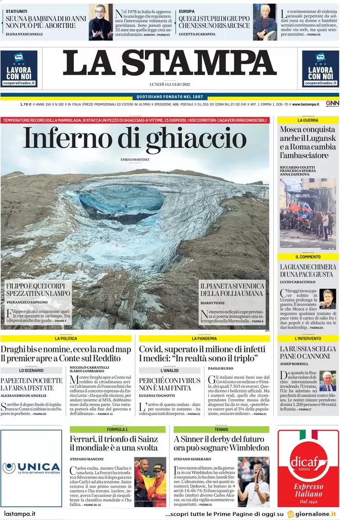 Prime pagine giornali 4 luglio 2022: tragedia in Marmolada, morti e dispersi