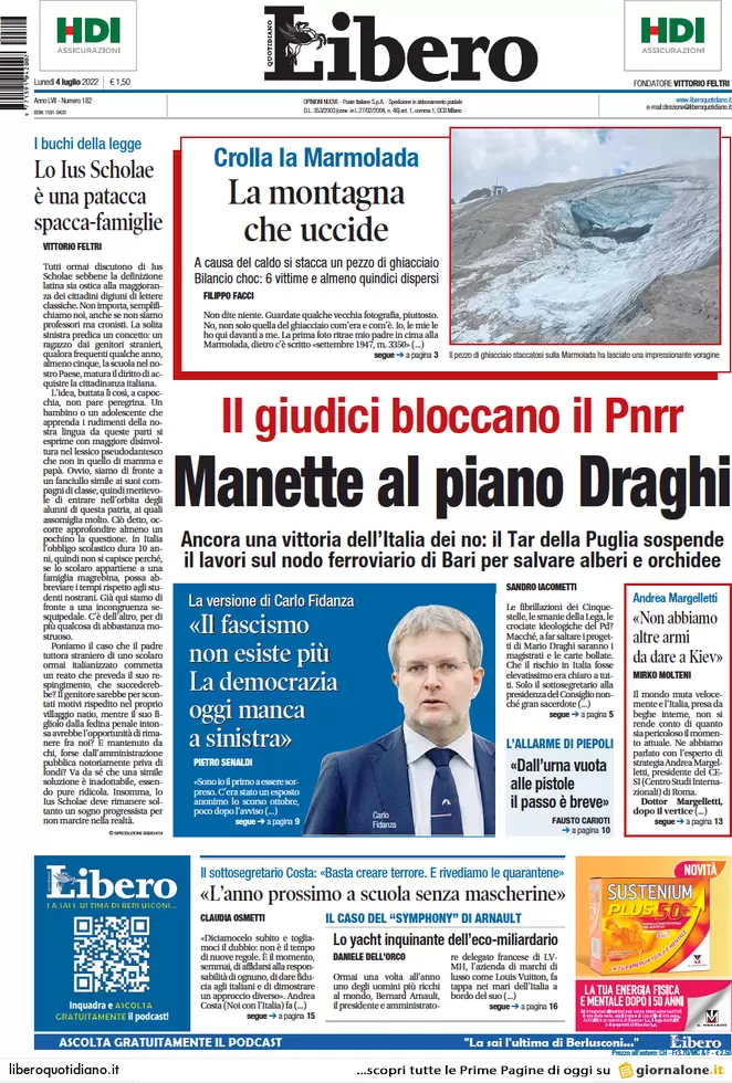 Prime pagine giornali 4 luglio 2022: tragedia in Marmolada, morti e dispersi