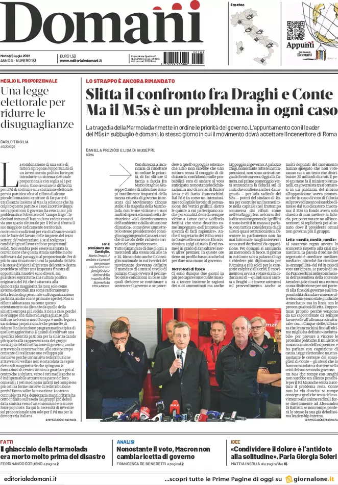 Prime pagine giornali 5 luglio 2022: pace Conte-Draghi in cambio del Reddito
