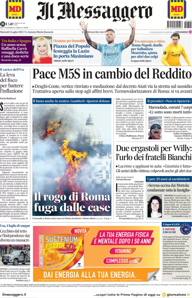 Prime pagine giornali 5 luglio 2022: pace Conte-Draghi in cambio del Reddito