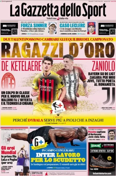 Prime pagine giornali sportivi del 5 luglio: il Milan ha scelto De Ketelaere
