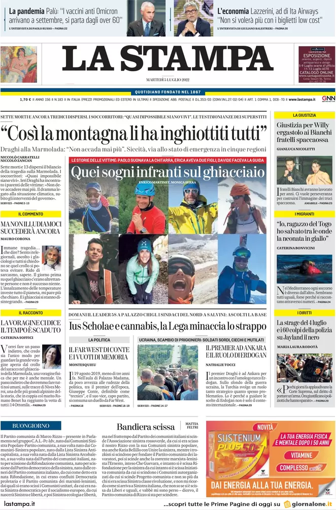 Prime pagine giornali 5 luglio 2022: pace Conte-Draghi in cambio del Reddito