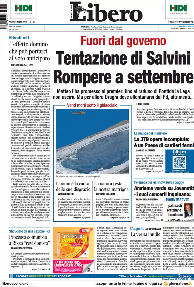Prime pagine giornali 5 luglio 2022: pace Conte-Draghi in cambio del Reddito