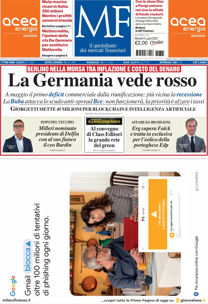 Prime pagine giornali economici 5 luglio 2022: gas a rischio, i prezzi volano