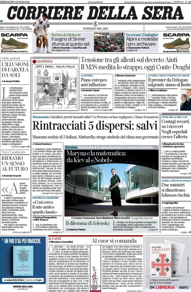 Prime pagine giornali 6 luglio 2022: il M5s vuole la rottura, mossa del Pd Prime pagine giornali 6 luglio 2022: il M5s vuole la rottura, mossa del Pd