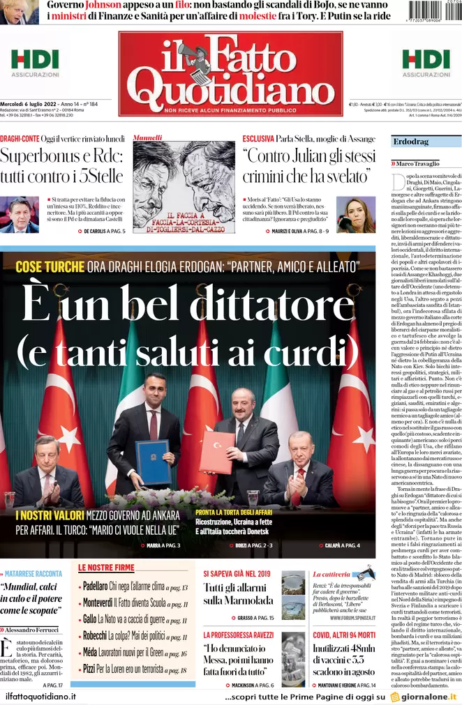 Prime pagine giornali 6 luglio 2022: il M5s vuole la rottura, mossa del Pd