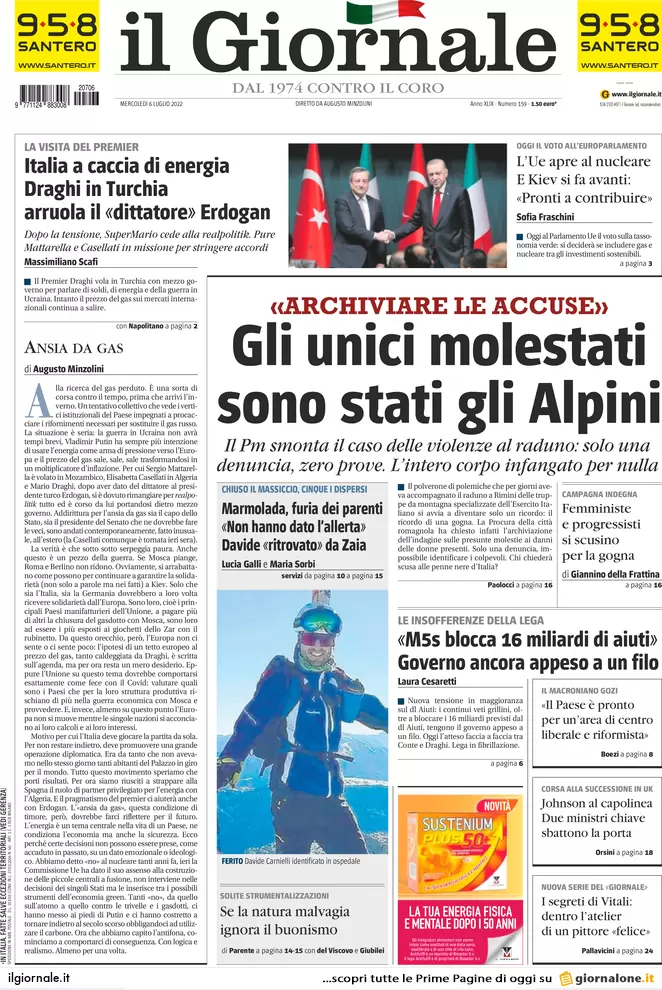 Prime pagine giornali 6 luglio 2022: il M5s vuole la rottura, mossa del Pd