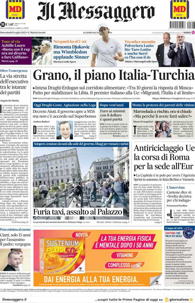 Prime pagine giornali 6 luglio 2022: il M5s vuole la rottura, mossa del Pd