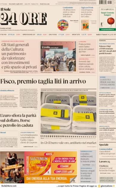 Prime pagine giornali economici 6 luglio 2022: crollo Euro, al minimo storico