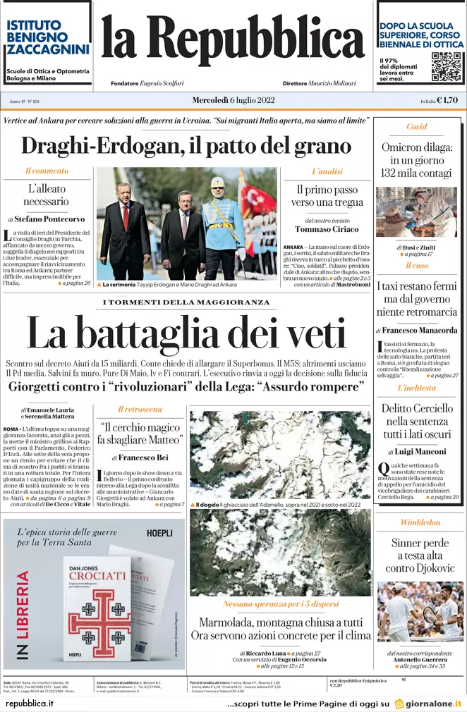 Prime pagine giornali 6 luglio 2022: il M5s vuole la rottura, mossa del Pd