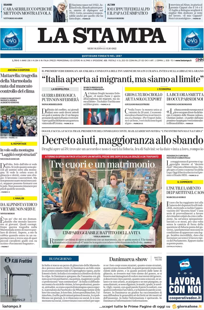 Prime pagine giornali 6 luglio 2022: il M5s vuole la rottura, mossa del Pd