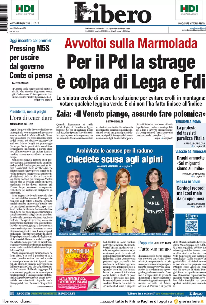 Prime pagine giornali 6 luglio 2022: il M5s vuole la rottura, mossa del Pd