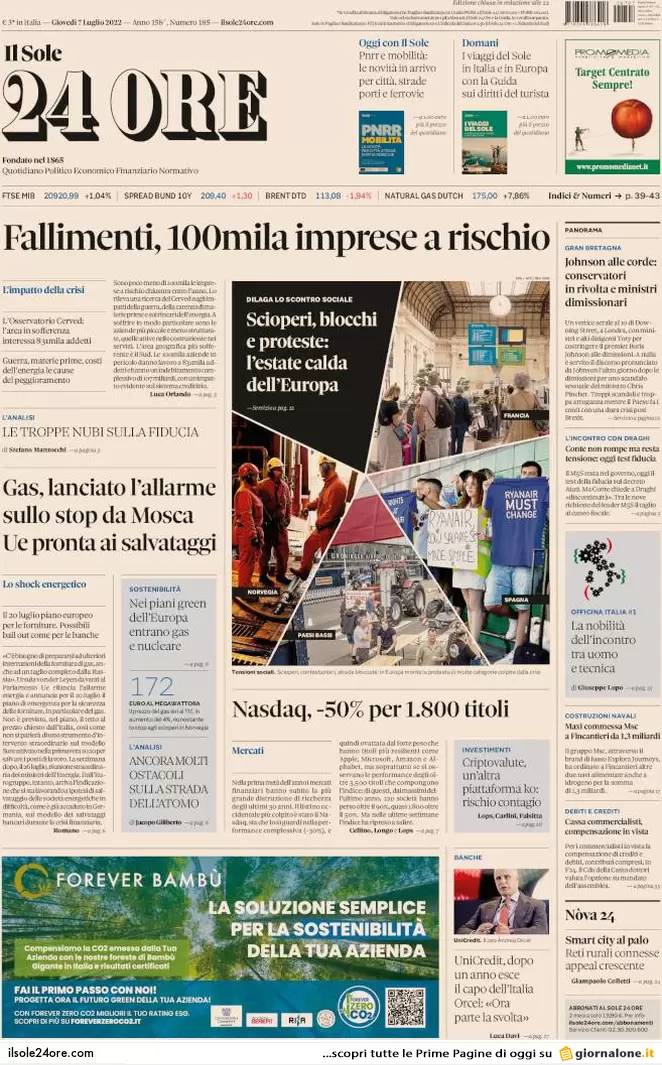 Prime pagine giornali 7 luglio 2022: M5s, nuovo ultimatum: risposte a luglio
