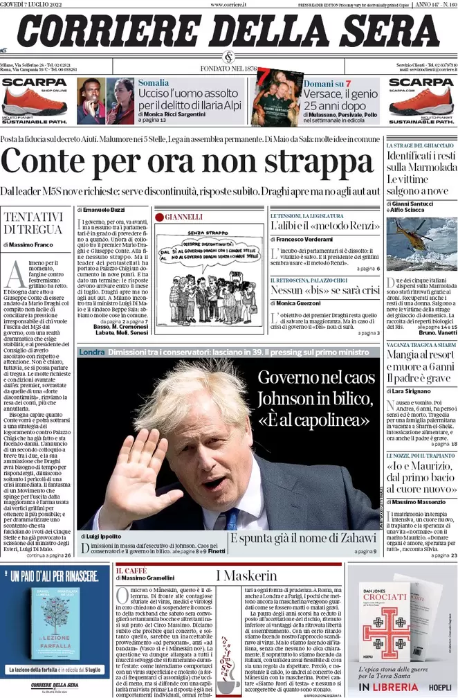 Prime pagine giornali 7 luglio 2022: M5s, nuovo ultimatum: risposte a luglio Prime pagine giornali 7 luglio 2022: M5s, nuovo ultimatum: risposte a luglio