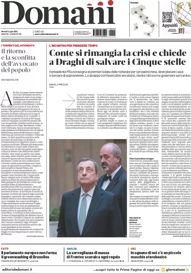 Prime pagine giornali 7 luglio 2022: M5s, nuovo ultimatum: risposte a luglio