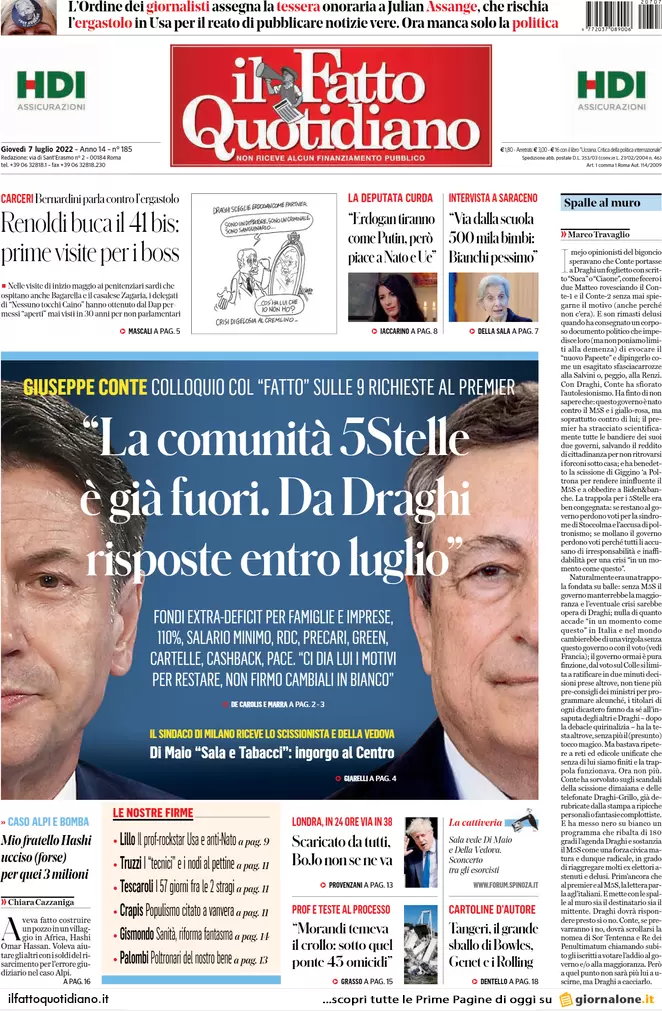 Prime pagine giornali 7 luglio 2022: M5s, nuovo ultimatum: risposte a luglio