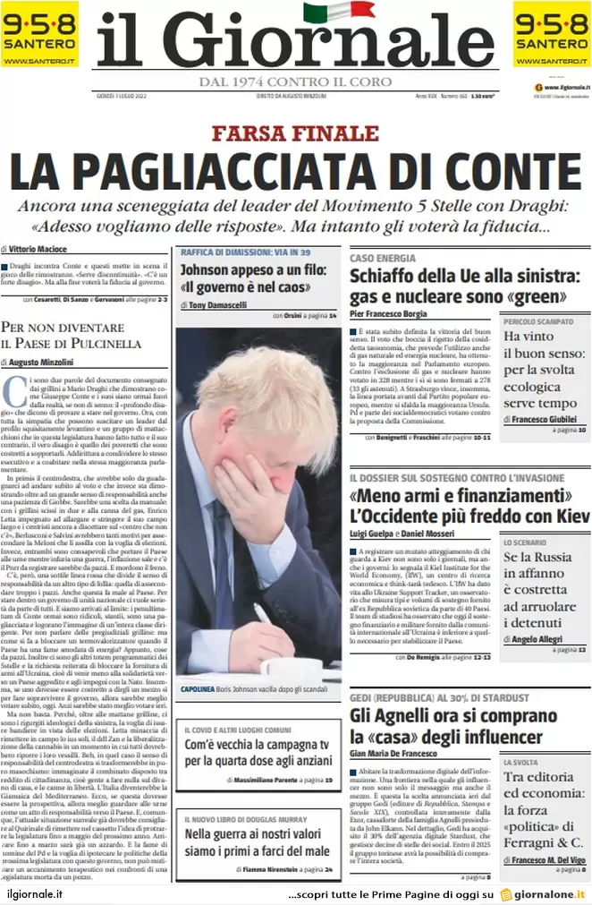 Prime pagine giornali 7 luglio 2022: M5s, nuovo ultimatum: risposte a luglio