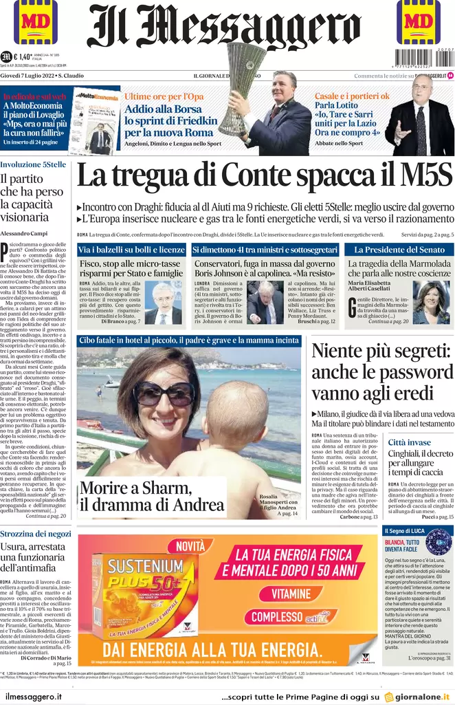 Prime pagine giornali 7 luglio 2022: M5s, nuovo ultimatum: risposte a luglio