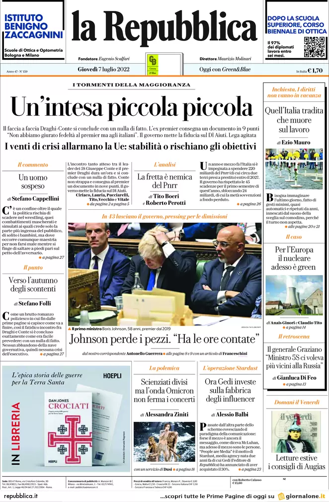 Prime pagine giornali 7 luglio 2022: M5s, nuovo ultimatum: risposte a luglio