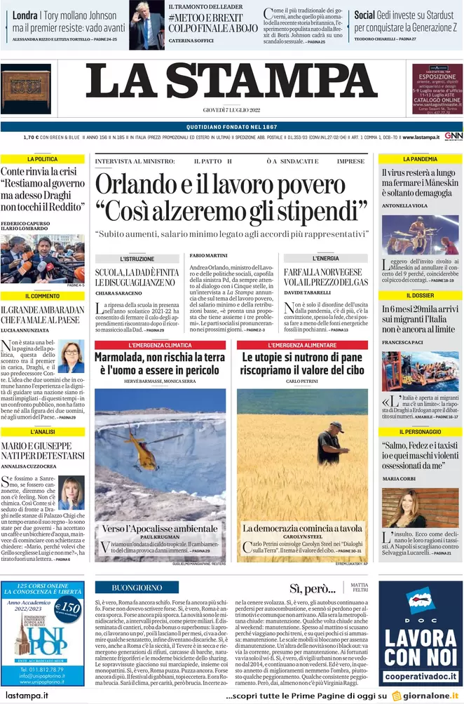 Prime pagine giornali 7 luglio 2022: M5s, nuovo ultimatum: risposte a luglio