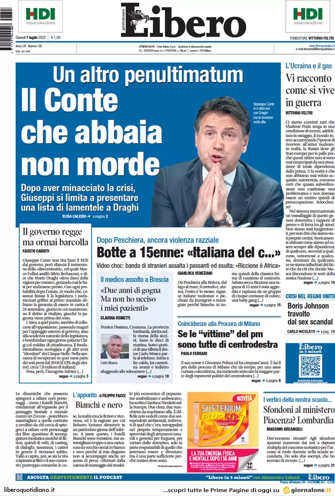 Prime pagine giornali 7 luglio 2022: M5s, nuovo ultimatum: risposte a luglio