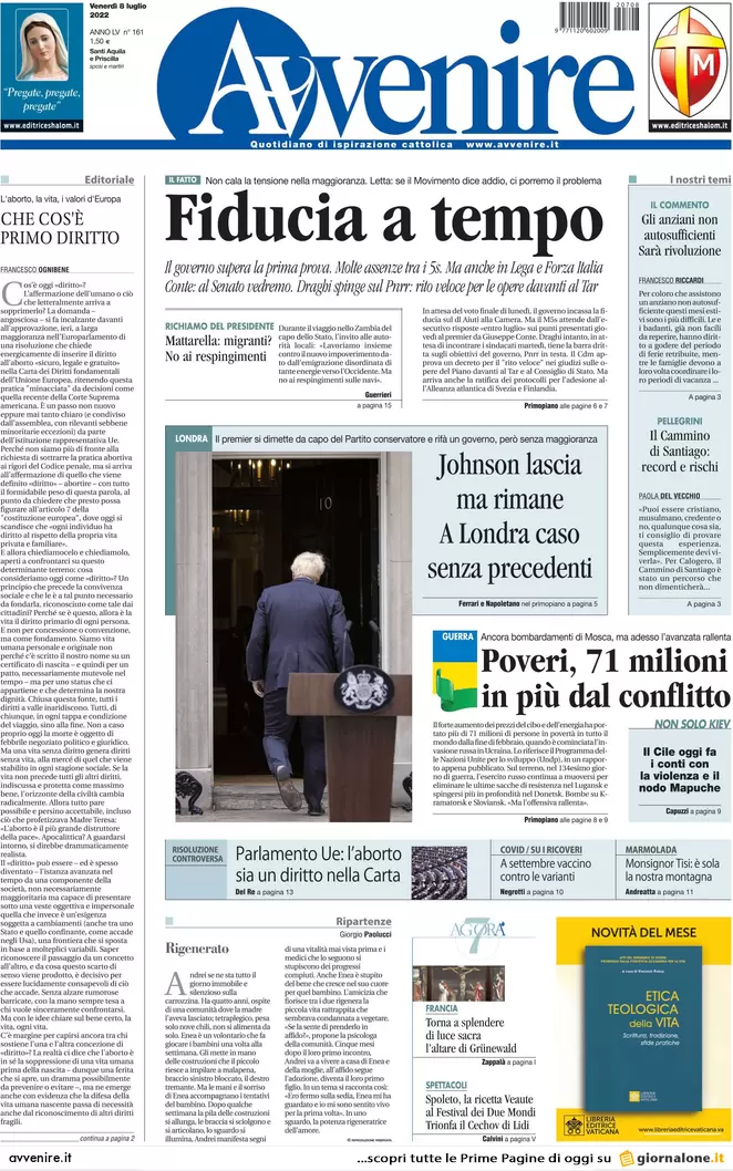 Prime pagine giornali 8 luglio 2022: Ema: “Subito la quarta dose agli over 60”