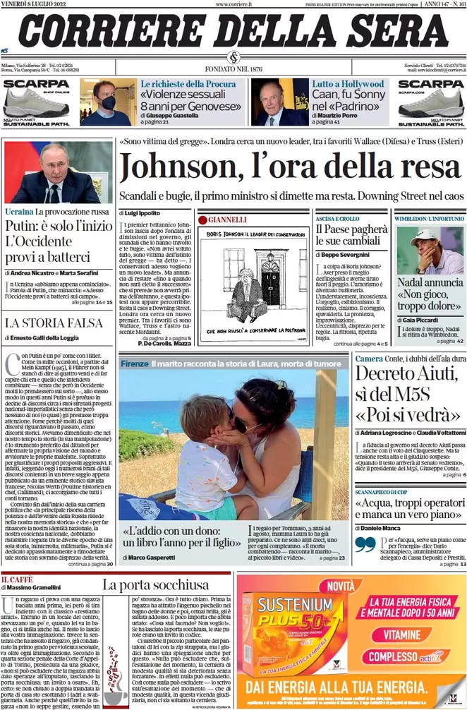 Prime pagine giornali 8 luglio 2022: Ema: “Subito la quarta dose agli over 60” Prime pagine giornali 8 luglio 2022: Ema: “Subito la quarta dose agli over 60”
