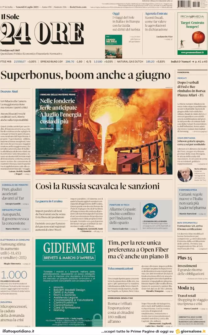 Prime pagine giornali 8 luglio 2022: Ema: “Subito la quarta dose agli over 60”