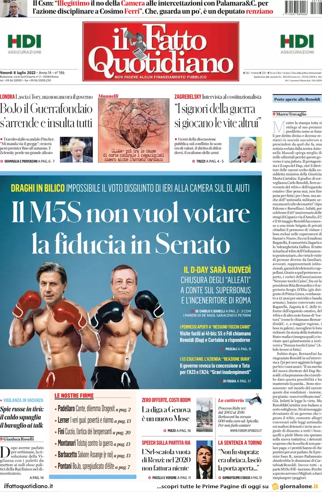 Prime pagine giornali 8 luglio 2022: Ema: “Subito la quarta dose agli over 60”