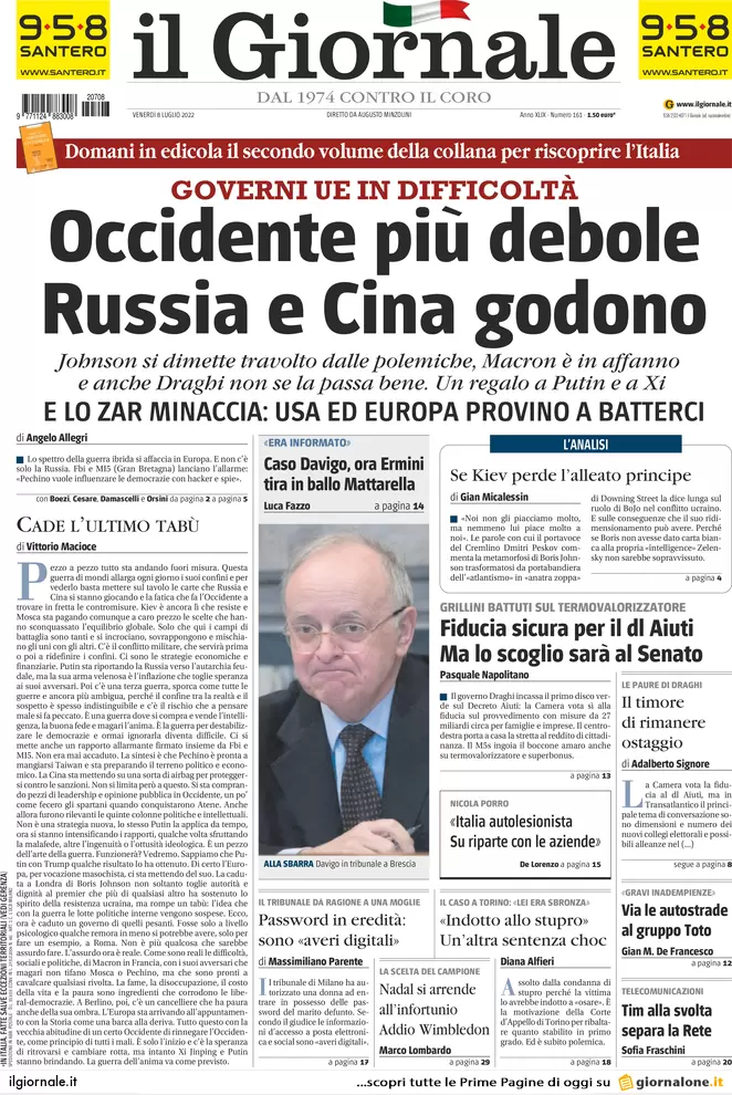 Prime pagine giornali 8 luglio 2022: Ema: “Subito la quarta dose agli over 60”