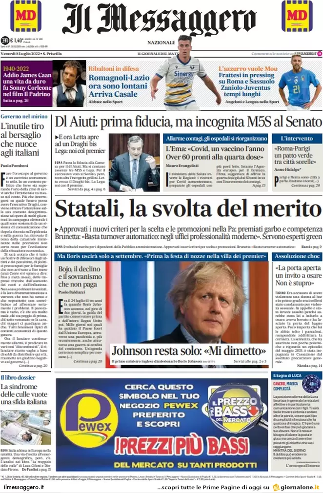 Prime pagine giornali 8 luglio 2022: Ema: “Subito la quarta dose agli over 60”