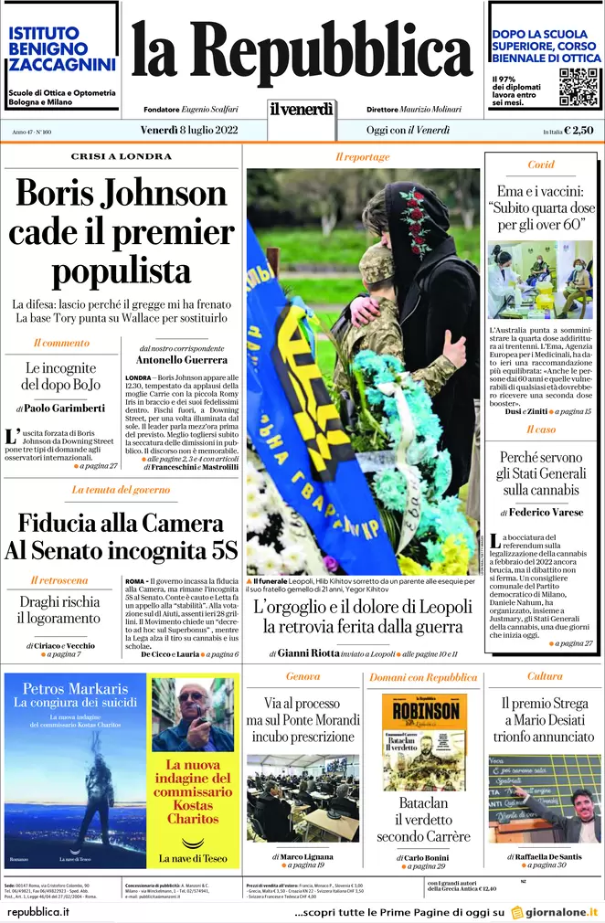 Prime pagine giornali 8 luglio 2022: Ema: “Subito la quarta dose agli over 60”