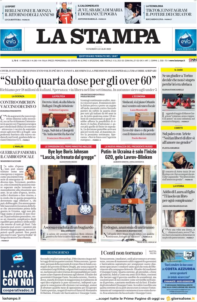 Prime pagine giornali 8 luglio 2022: Ema: “Subito la quarta dose agli over 60”