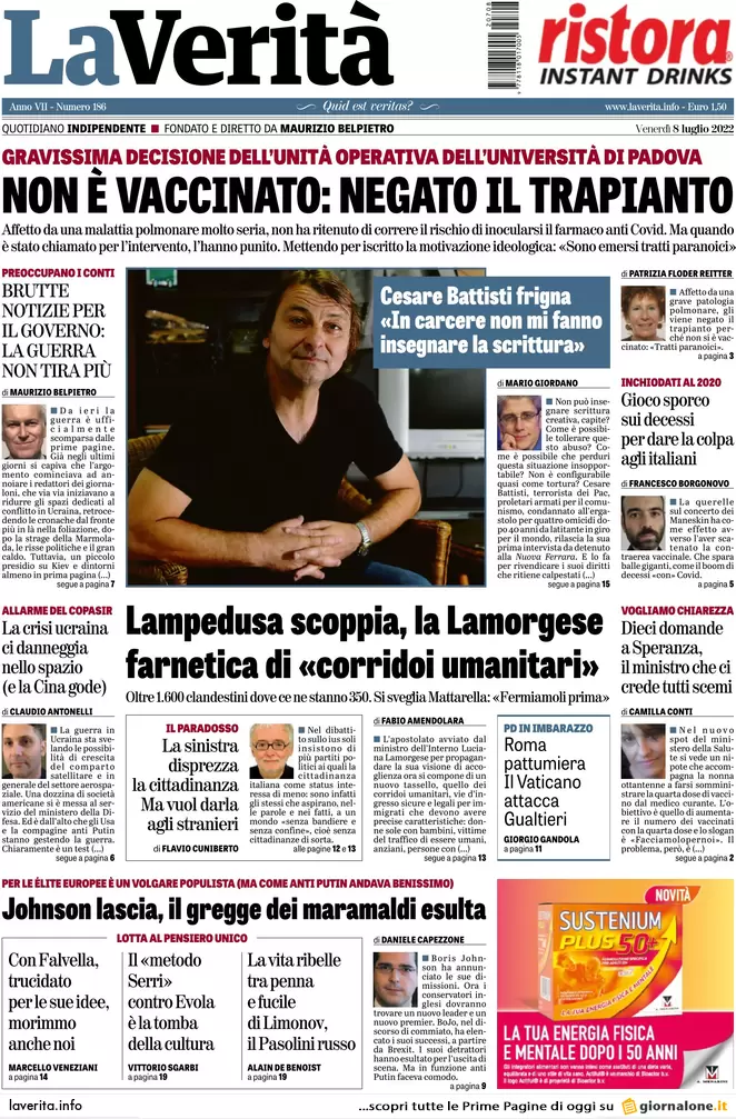 Prime pagine giornali 8 luglio 2022: Ema: “Subito la quarta dose agli over 60”