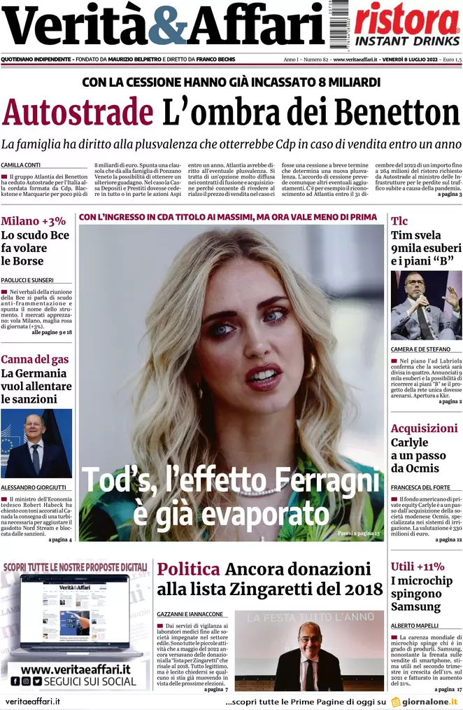 Prime pagine giornali economici 8 luglio 2022: così Putin scavalca le sanzioni