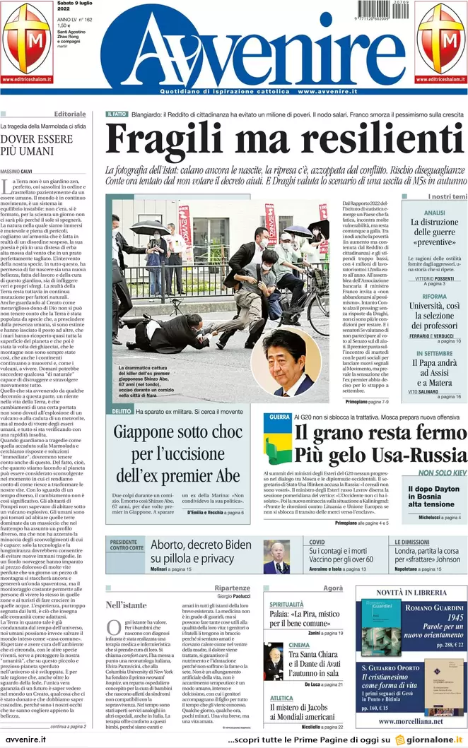 Prime pagine giornali 9 luglio 2022: il Giappone sotto choc per l’omicidio Abe