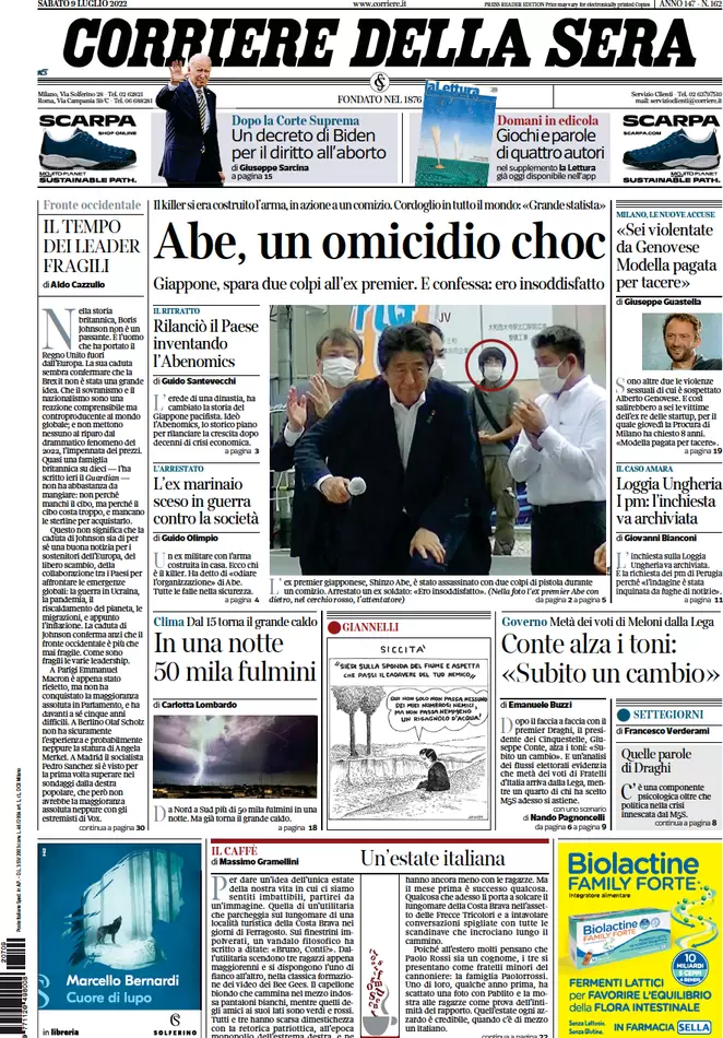 Prime pagine giornali 9 luglio 2022: il Giappone sotto choc per l’omicidio Abe