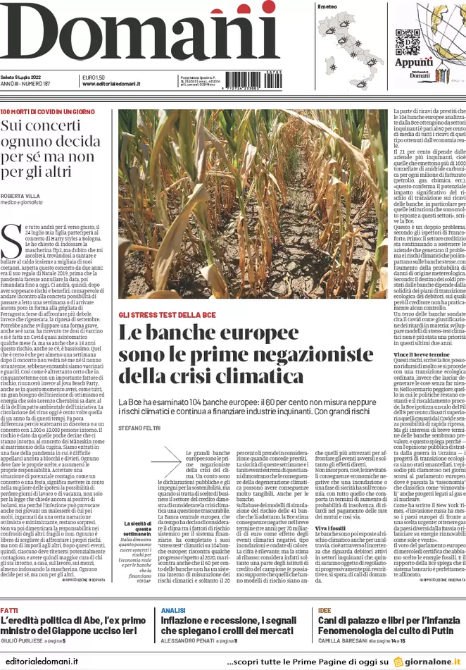 Prime pagine giornali 9 luglio 2022: il Giappone sotto choc per l’omicidio Abe