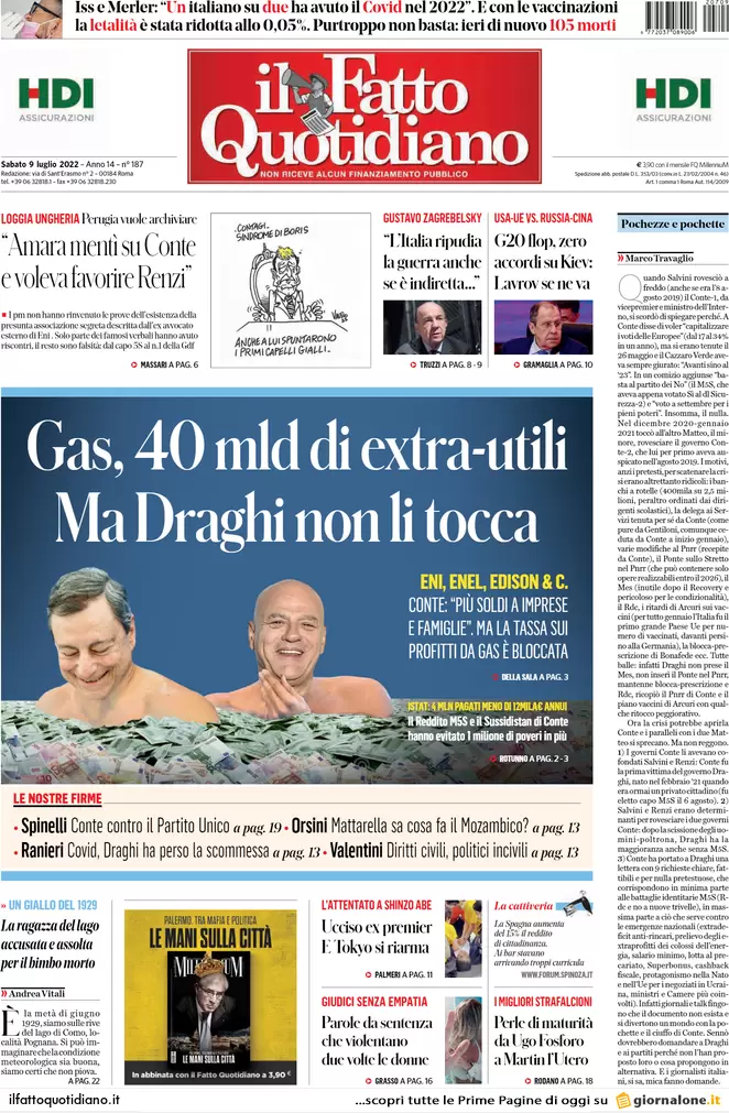 Prime pagine giornali 9 luglio 2022: il Giappone sotto choc per l’omicidio Abe