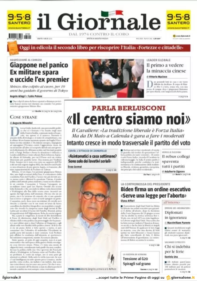 Prime pagine giornali 9 luglio 2022: il Giappone sotto choc per l’omicidio Abe