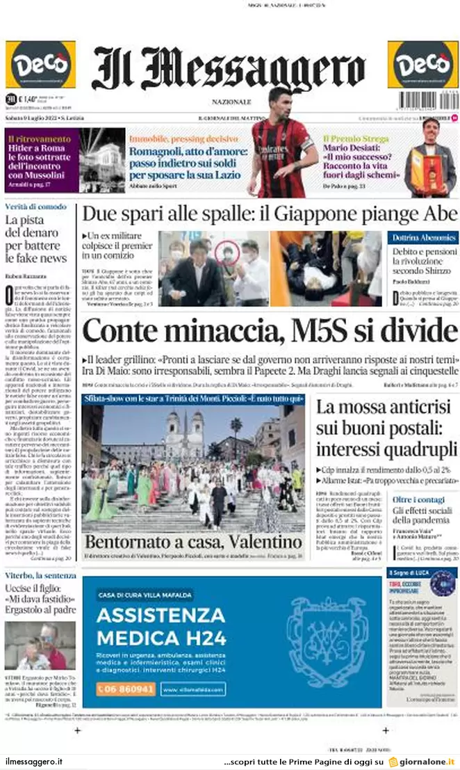 Prime pagine giornali 9 luglio 2022: il Giappone sotto choc per l’omicidio Abe