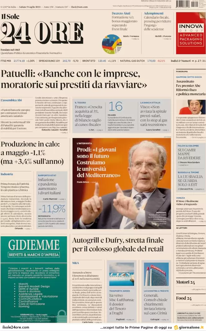 Prime pagine giornali economici 9 luglio 2022: produzione in calo e guaio A24