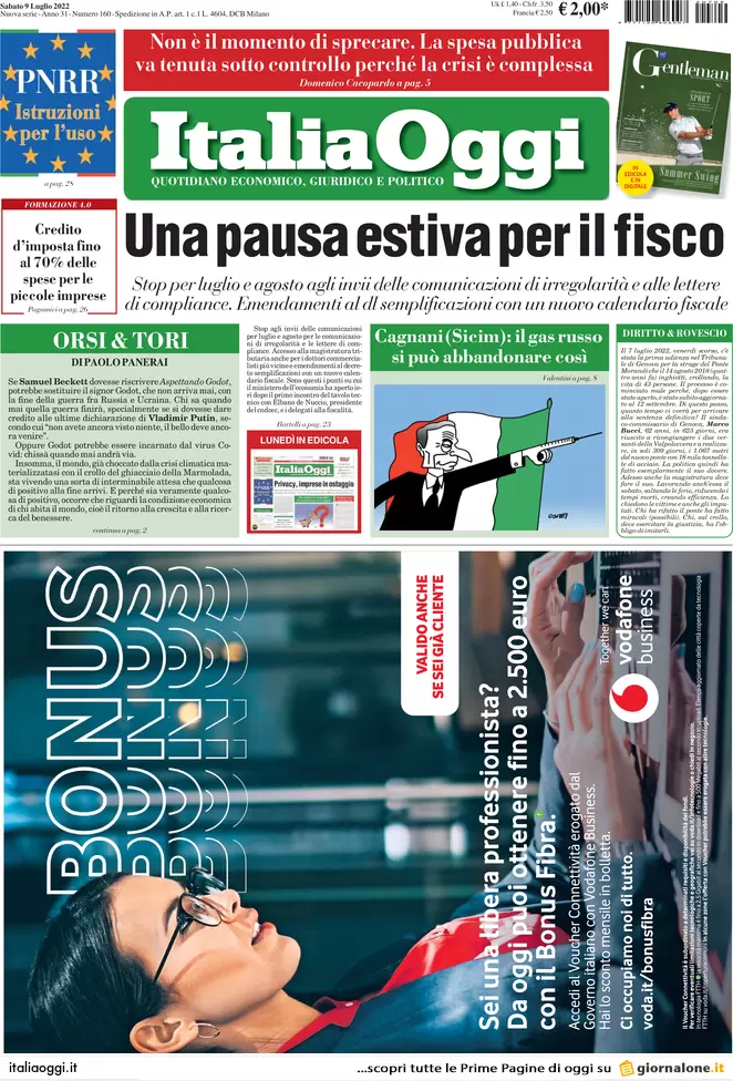Prime pagine giornali economici 9 luglio 2022: produzione in calo e guaio A24