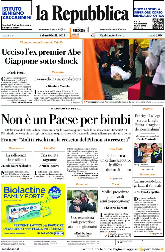 Prime pagine giornali 9 luglio 2022: il Giappone sotto choc per l’omicidio Abe