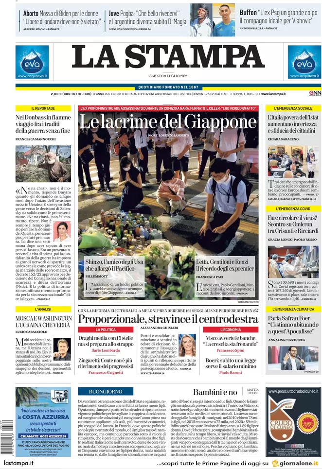 Prime pagine giornali 9 luglio 2022: il Giappone sotto choc per l’omicidio Abe